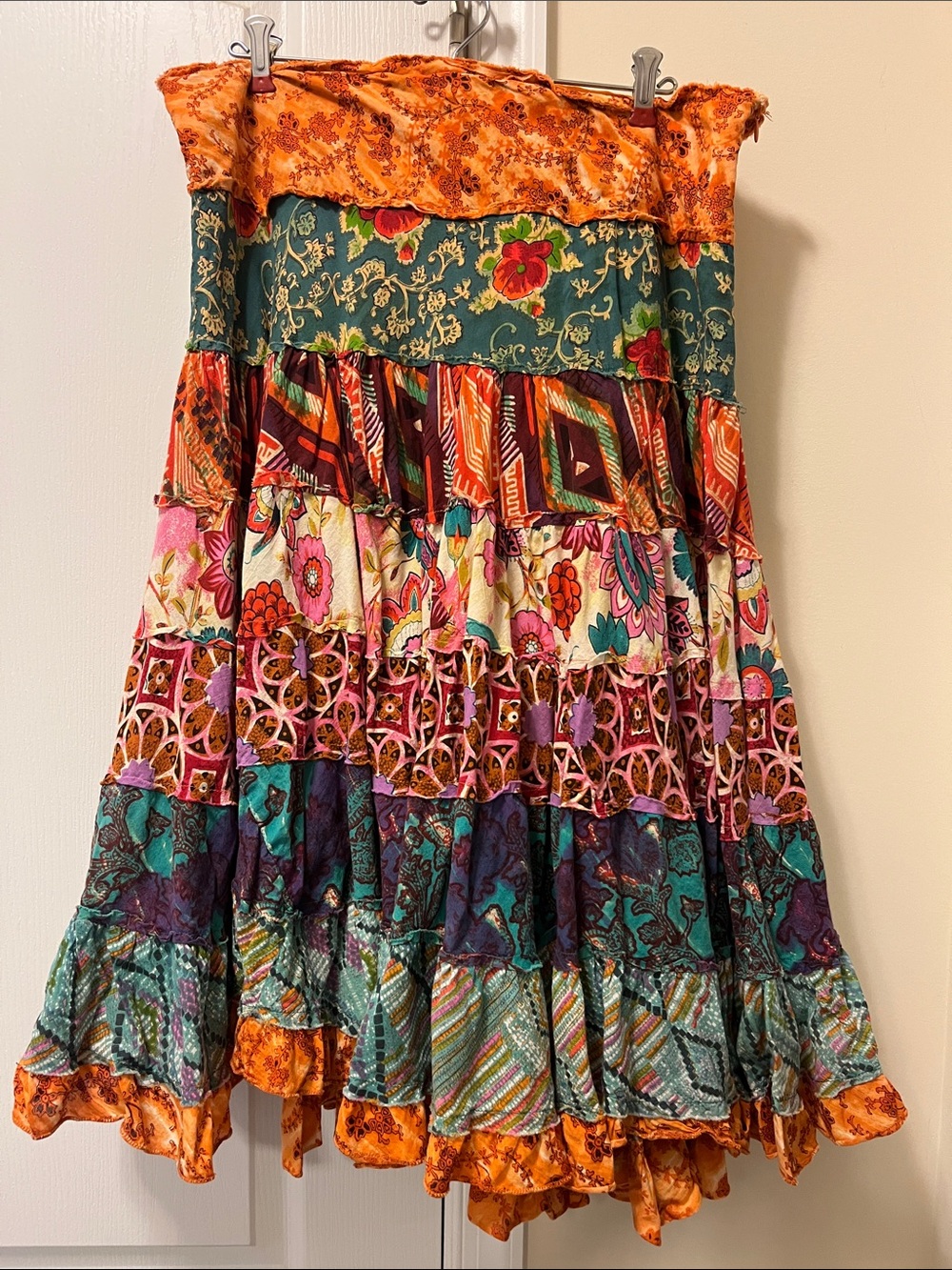 Alberto Makali Bohemian Tiered Floral Patchwork Skirt in Orange and Teal